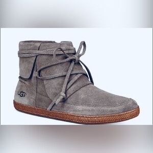 UGG Reid Suede Moccasin Lace-Up Booties Grey / Green Zip Closure Winter
